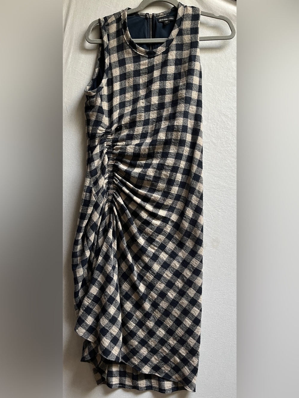 James Perse Virgin Wool Gingham Ruched Cinched Waist Midi Dress Sz S (Sz Tag 1) - Picture 3 of 10